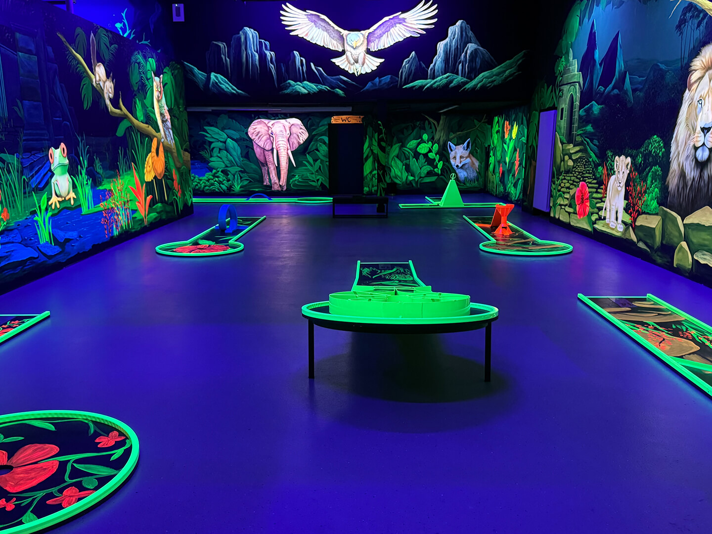 Ein Foto in die Minigolfhalle. Bunte Bilder von Tieren wie Elefanten und Füchsen schmücken die Wände und sind von Schwarzlicht beleuchtet.